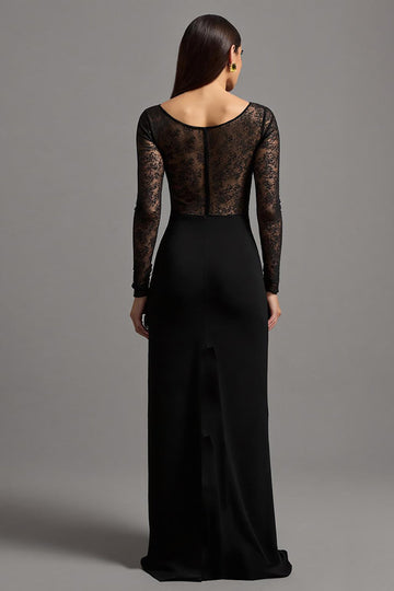 Illusion Neck Black Sheath Long Sleeves Formal Dress with Slit